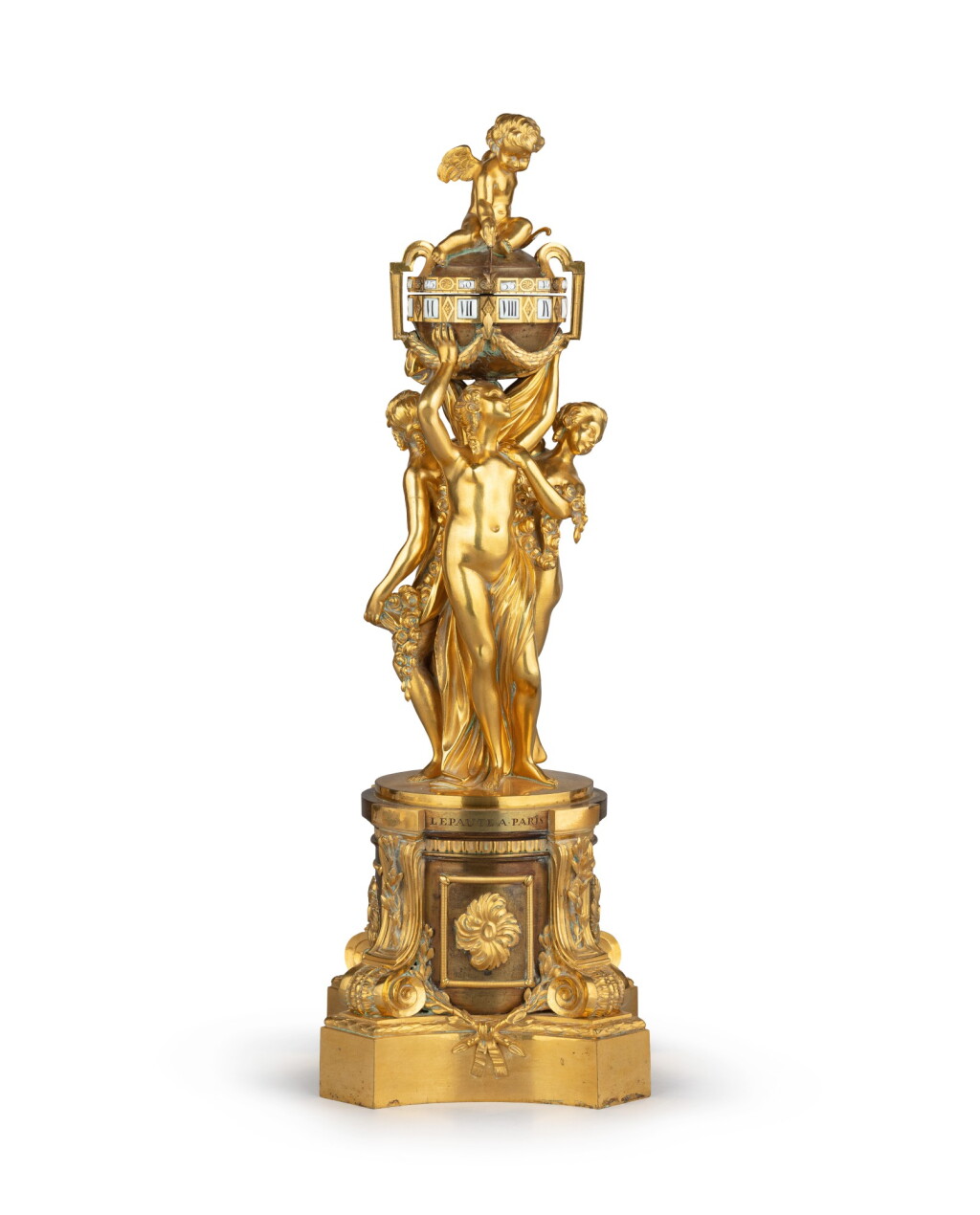 View full screen - View 1 of Lot 48. A Louis XVI gilt-bronze and patinated bronze cercles tournants mantel clock by Lepaute, the case by Francois Vion | Pendule en bronze doré et bronze patiné à cercles tournants d'époque Louis XVI, le mouvement par Lepaute, la caisse par François Vion.