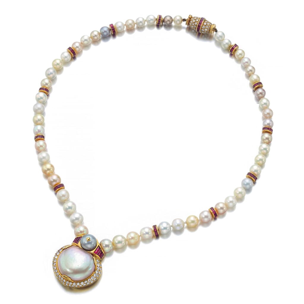View full screen - View 1 of Lot 223. CULTURED PEARL, RUBY AND DIAMOND NECKLACE, BULGARI.
