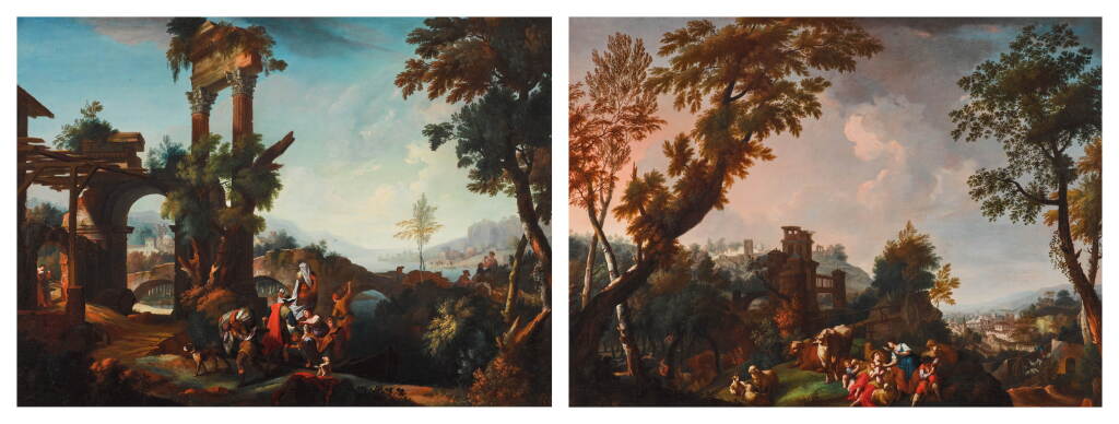 View full screen - View 1 of Lot 63. A pair of river landscapes with herders and their flocks beside ruins, a town in the distance.