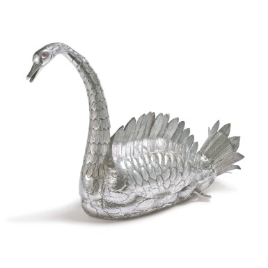 View full screen - View 1 of Lot 932. A PORTUGUESE SILVER-PLATED SWAN CENTERPIECE JARDINIERE, 20TH CENTURY.