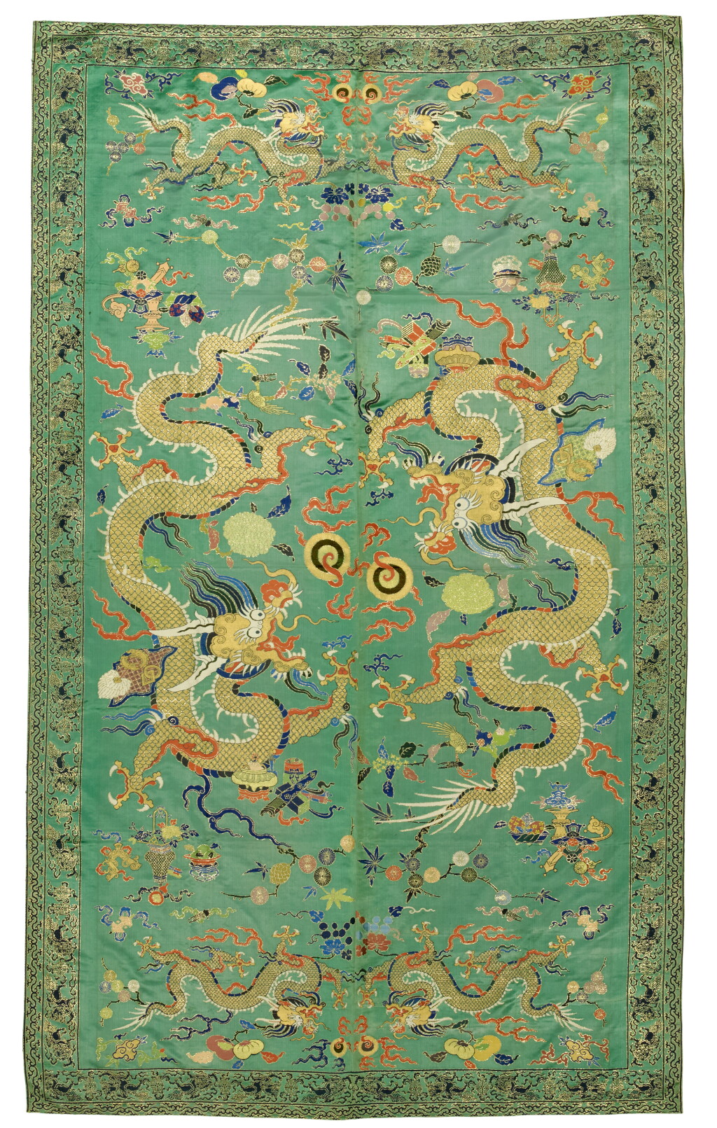 View full screen - View 1 of Lot 209. A large green-ground embroidered silk 'dragon' table cover, Qing dynasty, 18th / 19th century.