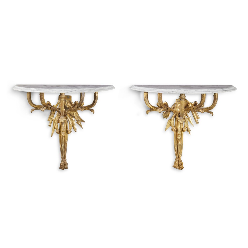 View full screen - View 1 of Lot 139. A Pair of Louis XVI Style Gilt Bronze Wall-Mounted Console Tables, 20th Century.