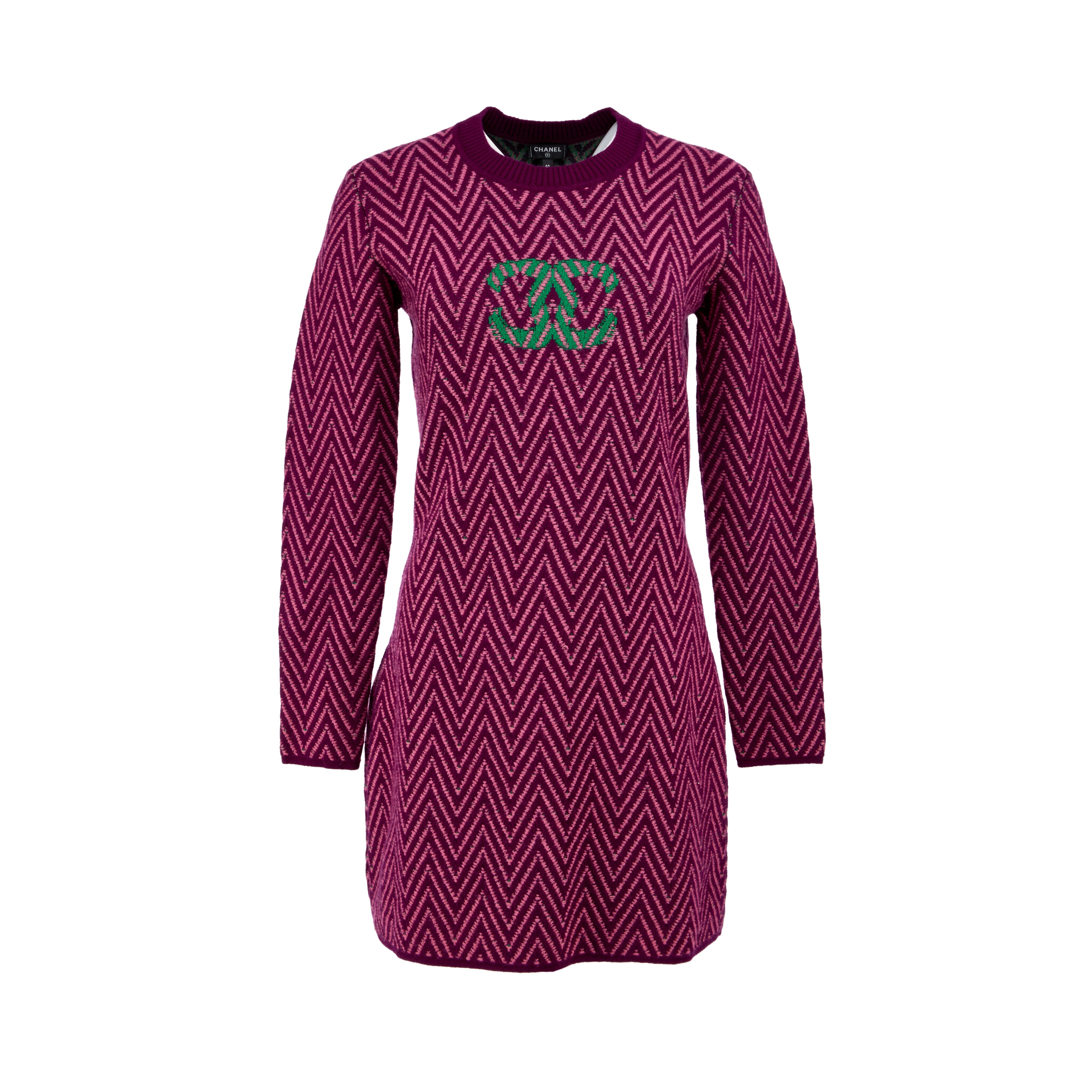 Chanel Burgundy, Pink, and Green Chevron CC Cashmere Knit Dress, 2021 (Like New), Apparel in Pink/Red/Green Chanel Burgundy, Pink, and Green Chevron CC Cashmere Knit Dress, 2021 (Like New), Apparel in Pink/Red/Green