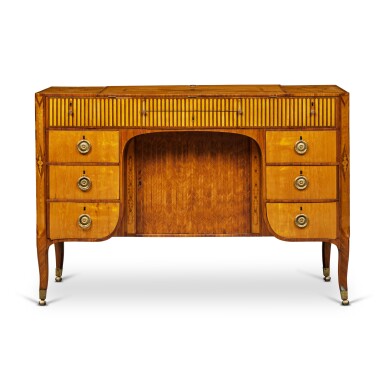 View full screen - View 1 of Lot 401. A George III Satinwood, Tulipwood Amaranth and Marquetry Dressing and Writing Table, Attributed To Christopher Fuhrlohg, Circa 1790.