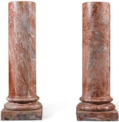 View full screen - View 1 of Lot 18. Lot 18 A PAIR OF MOTTLED PINK MARBLE PEDESTALS, PROBABLY ITALIAN, 19TH CENTURY.