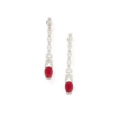 View full screen - View 1 of Lot 68. Pair of Ruby and Diamond Pendant Earclips.