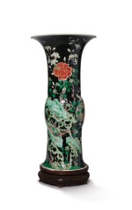 A FAMILLE-NOIRE 'BIRD AND FLOWER' BEAKER VASE, THE PORCELAIN 18TH CENTURY, THE ENAMELS LATER-ADDED