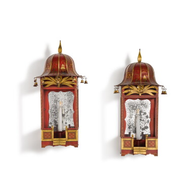 View full screen - View 1 of Lot 73. A pair of Chinoiserie red painted and parcel gilt tole wall lanterns, modern, in the "Brighton Pavilion" style.