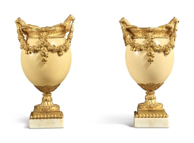 View full screen - View 1 of Lot 99. A Pair of Neoclassical Gilt Bronze-Mounted Ostrich Eggs, Probably Circa 1825.