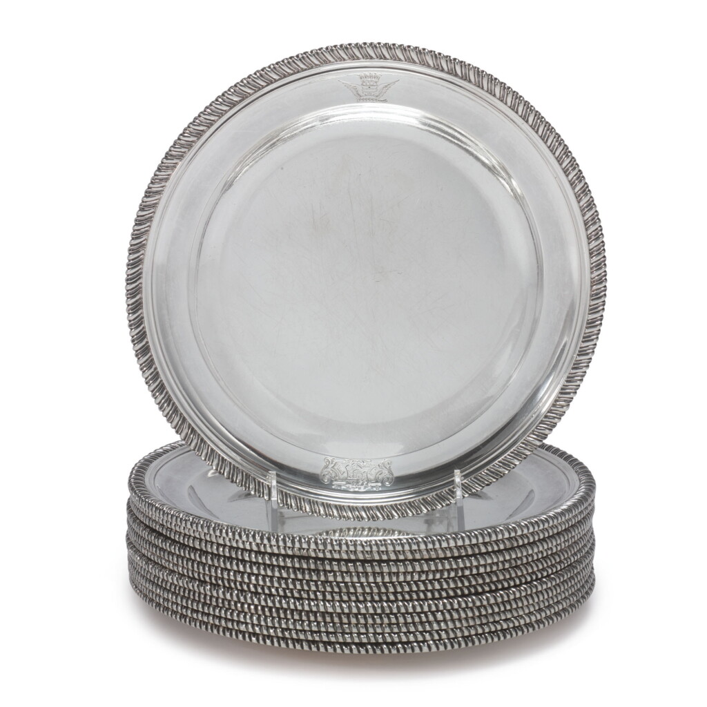 View full screen - View 1 of Lot 774. A SET OF TWELVE GEORGE III SILVER DINNER PLATES, HENRY GREEN, LONDON, 1796.