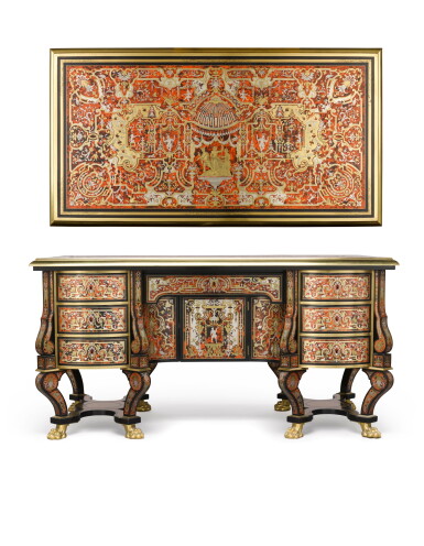 View full screen - View 1 of Lot 134. A Louis XIV style gilt-bronze mounted, cut brass and tortoiseshell inlaid ebony and ebonised bureau mazarin, circa 1880.
