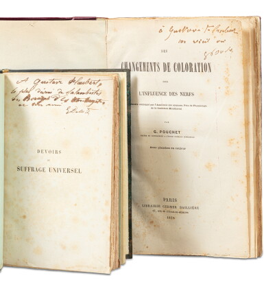 View full screen - View 1 of Lot 74. 2 ouvrages avec envois à Flaubert. "Devoirs du suffrage universel", 1863, d'Eugène Delattre et "Des changements de coloration sous l’influence des nerfs", 1876, de Georges Pouchet..