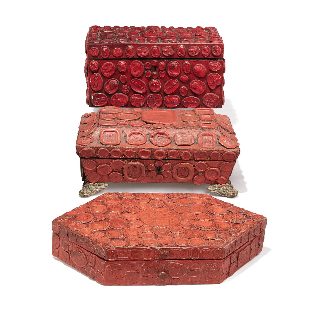 View full screen - View 1 of Lot 611. A REGENCY RED WAX SEAL TEA CADDY AND HEXAGONAL BOX, EARLY 19TH CENTURY.