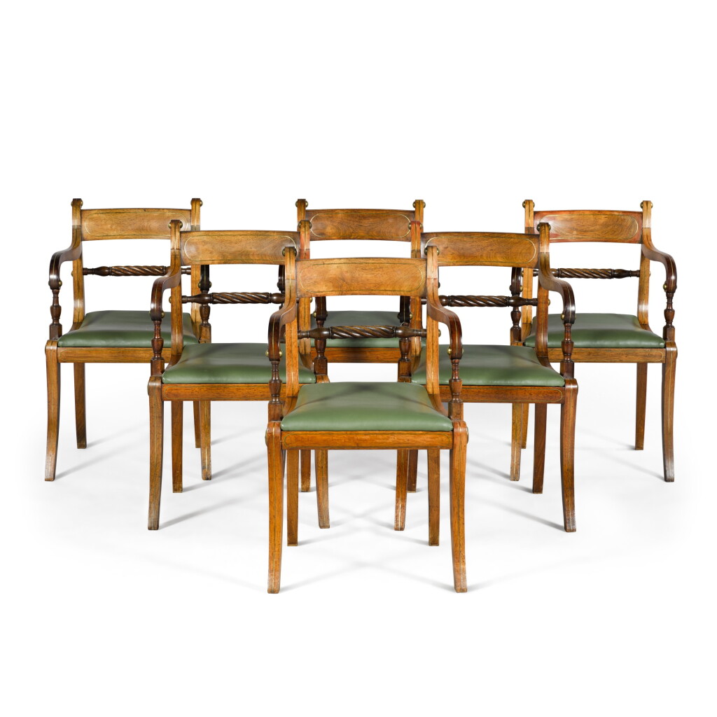 View full screen - View 1 of Lot 89. A set of six Regency brass-inlaid rosewood armchairs, early 19th century.