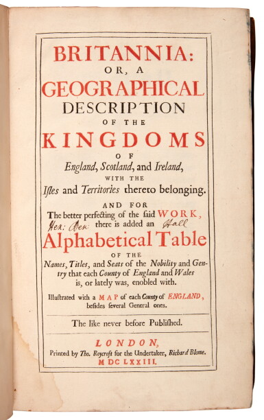 View full screen - View 1 of Lot 6. Richard Blome | Britannia: or, a geographical description of the Kingdoms of England, Scotland, and Ireland. London, 1673.