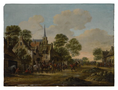 View full screen - View 1 of Lot 1014. THOMAS HEEREMANS | VILLAGE SCENE WITH FIGURES BY A CHURCH.