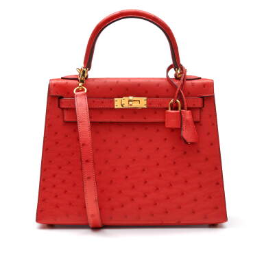 View full screen - View 1 of Lot 307. Bougainvillier Sellier Kelly 25cm in Ostrich Leather with Gold Hardware, 2018.