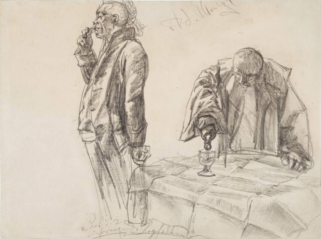 View full screen - View 1 of Lot 242. ADOLPH VON MENZEL | A STUDY OF A MAN SMOKING AND A MAN LEANING OVER A TABLE, POURING A GLASS OF WINE (A STUDY FOR 'BREAKFAST BREAK').
