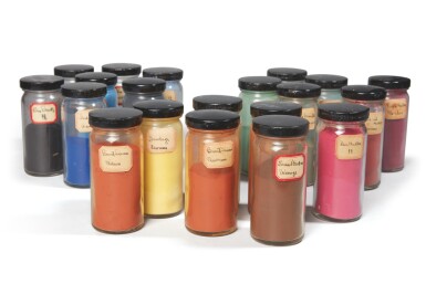 View full screen - View 1 of Lot 58. GEORGIA O'KEEFFE'S PIGMENTS | A COLLECTION OF 20 JARS LABELLED AND USED BY GEORGIA O'KEEFFE.