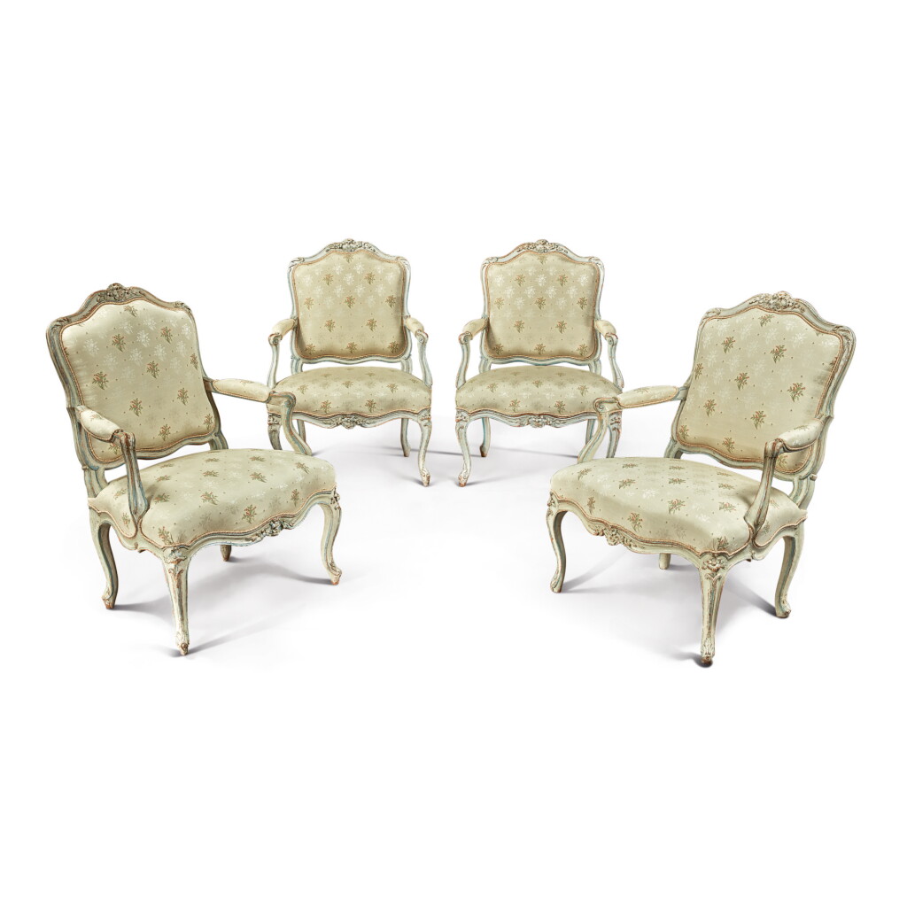 View full screen - View 1 of Lot 178. A SET OF FOUR LOUIS XV CARVED AND GRAY-PAINTED FAUTEUILS À LA REINE BY JEAN-BAPTISTE GOURDIN, CIRCA 1755 .