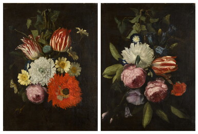 View full screen - View 1 of Lot 137. Still life swag with tulips and a large poppy, hanging from a nail; and Still life swag with a tulip and roses, hanging from a nail.