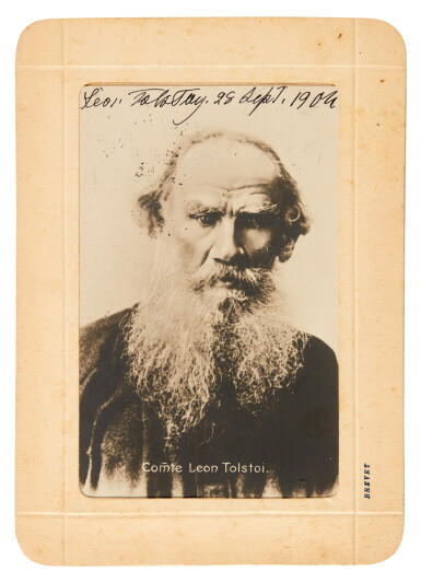View full screen - View 1 of Lot 332. Leo Tolstoy | Signed photographic postcard, Moscow, 1904.