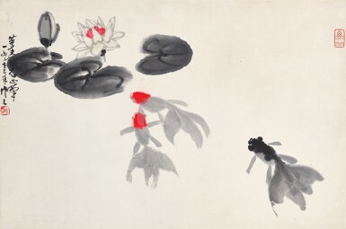View full screen - View 1 of Lot 8121. 吳作人 荷塘魚戲 | Wu Zuoren, Goldfish in Lotus Pond.
