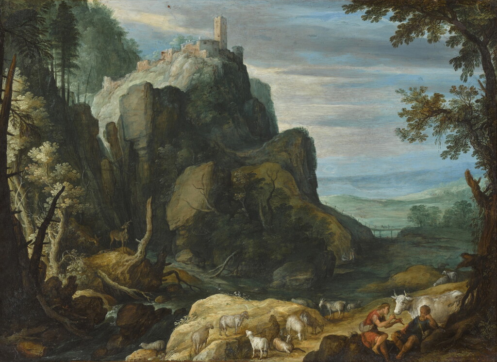 View full screen - View 1 of Lot 192. An extensive mountainous landscape with shepherds, animals and a castle beyond .