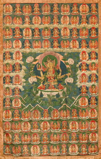 View full screen - View 1 of Lot 36. A large thangka depicting Ushnishavijaya, Tibet, 18th / 19th century | 十八 / 十九世紀 藏傳尊勝佛母唐卡 設色布本.
