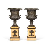 A pair of Restauration patinated bronze and Sienna marble 'Medici' vases, circa 1825
