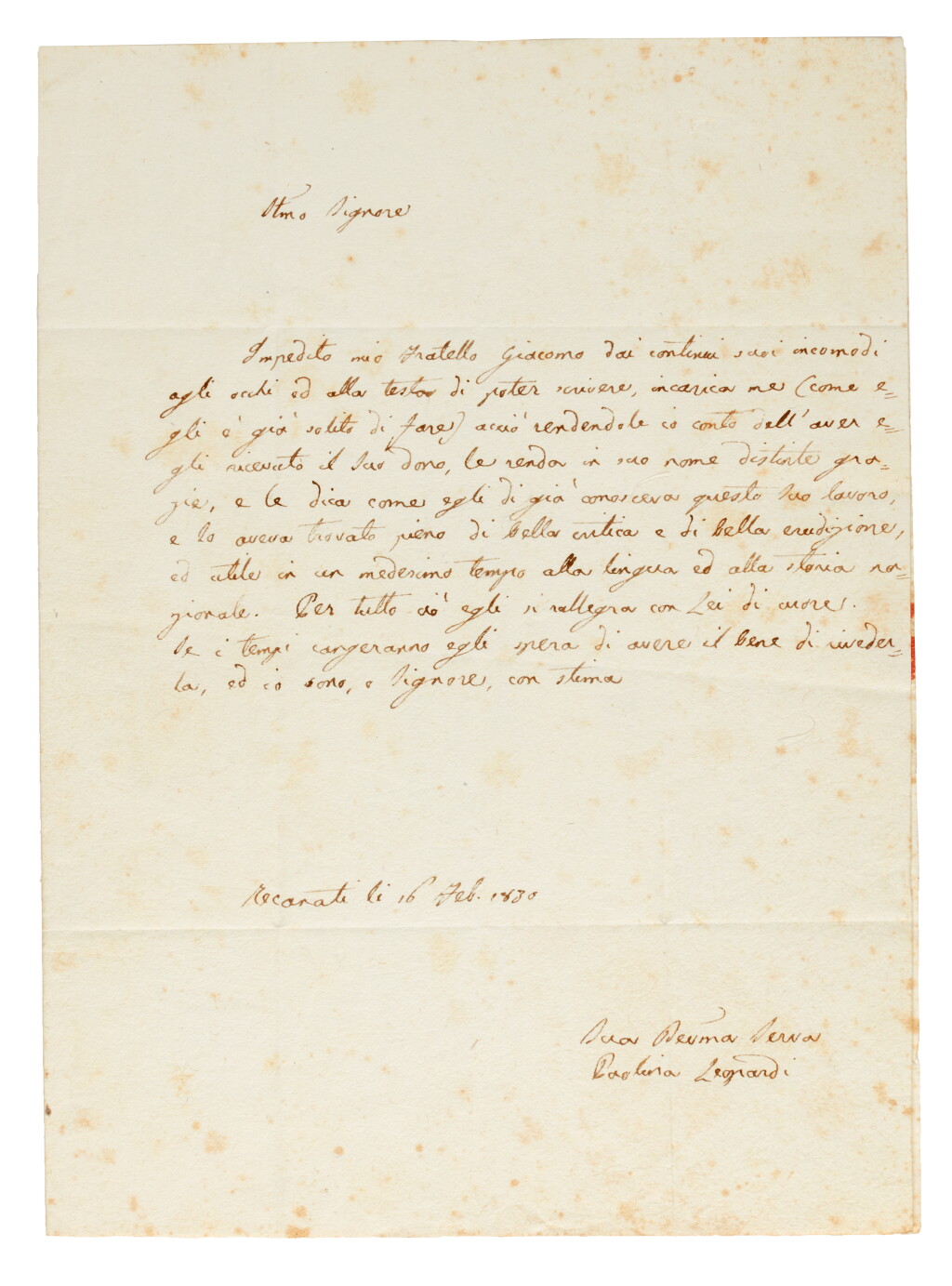 View full screen - View 1 of Lot 53. Italian letters and manuscripts by Leopardi, Carducci, Pellico, Manzoni, Duse, Verga and others, mainly C19 .