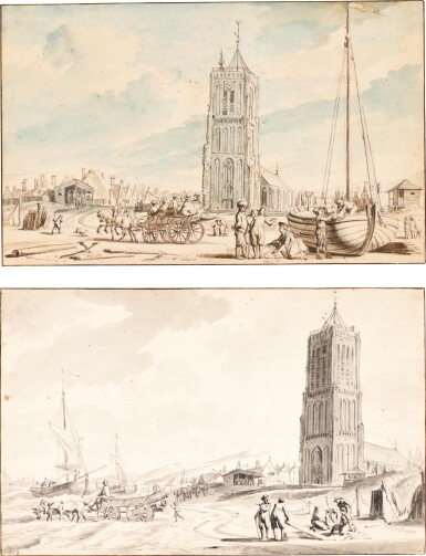 View full screen - View 1 of Lot 102. DUTCH SCHOOL, 18TH CENTURY | TWO VIEWS OF THE BEACH AND VILLAGE OF EGMOND AAN ZEE.