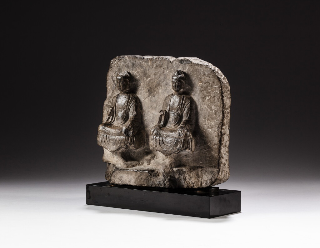 View full screen - View 1 of Lot 38. A grey stone relief depicting two Bodhisattvas, Northern Wei dynasty, 7th century | 北魏七世紀 灰石雕雙菩薩石碑.