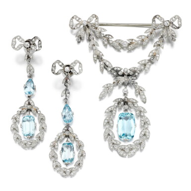 View full screen - View 1 of Lot 44. Aquamarine and diamond demi-parure, circa 1910.