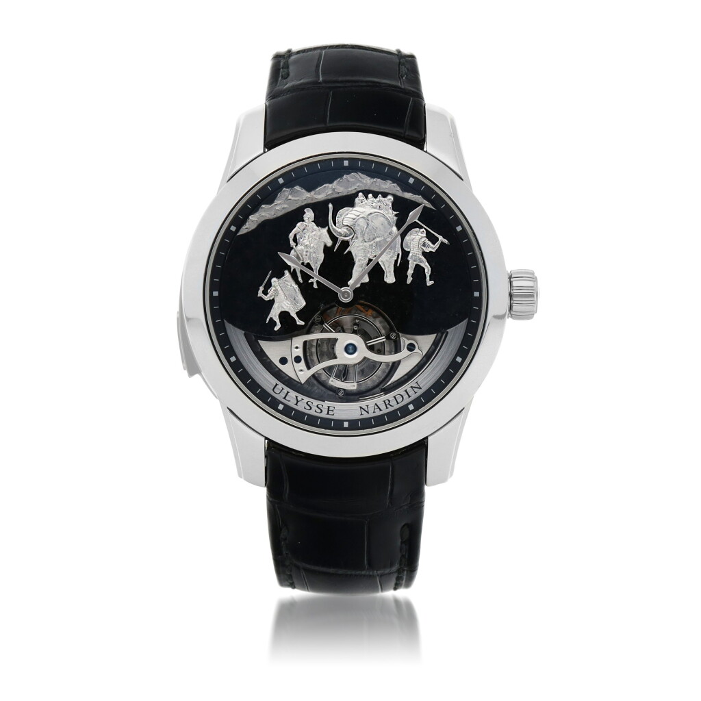 View full screen - View 1 of Lot 426. HANNIBAL, REF 789-00 LIMITED EDITION PLATINUM WESTMINSTER MINUTE REPEATING TOURBILLON WRISTWATCH WITH JAQUEMARTS, GRANITE DIAL AND MATCHING CUFFLINKS CIRCA 2015.