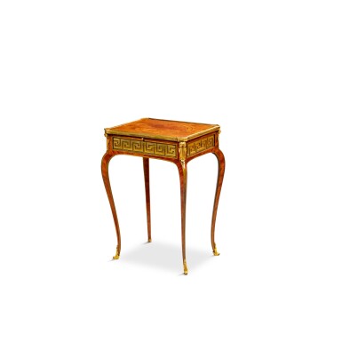 View full screen - View 1 of Lot 90. A Louis XV gilt-bronze mounted tulipwood, holly, amaranth writing table, circa 1765, stamped by RVLC.