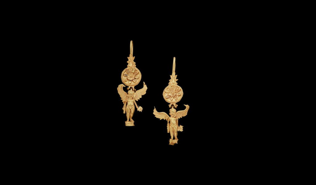 View full screen - View 1 of Lot 210. A PAIR OF HELLENISTIC GOLD DISK-AND-PENDANT EARRINGS, CIRCA 2ND HALF OF THE 3RD CENTURY B.C. .