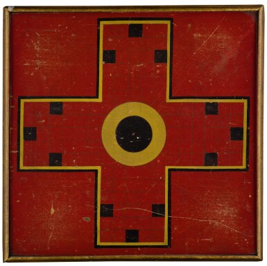 View full screen - View 1 of Lot 1454. AMERICAN POLYCHROME-PAINTED WOODEN DOUBLE-SIDED PARCHEESI GAMEBOARD, CIRCA 1880.