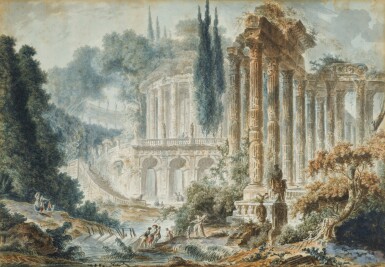 View full screen - View 1 of Lot 163. Architectural capriccio with classical buildings and a ruined colonnade with figures.
