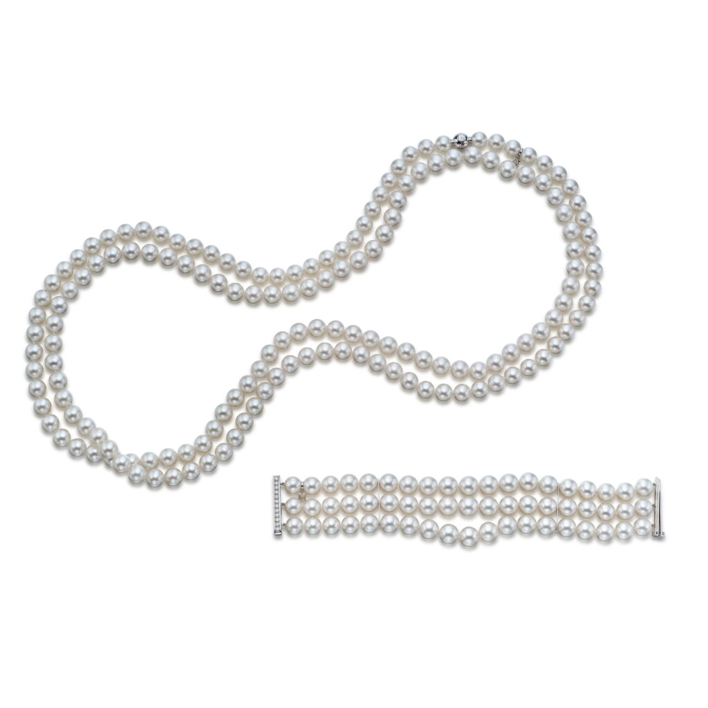 View full screen - View 1 of Lot 547. Cultured Pearl and Diamond Necklace and Bracelet .