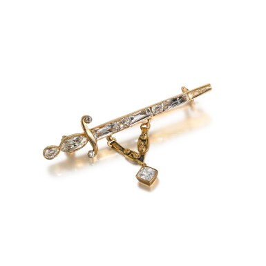 View full screen - View 1 of Lot 188. A jewelled gold brooch, maker's mark Cyrillic AL or DL, St Petersburg, 1908-1917.