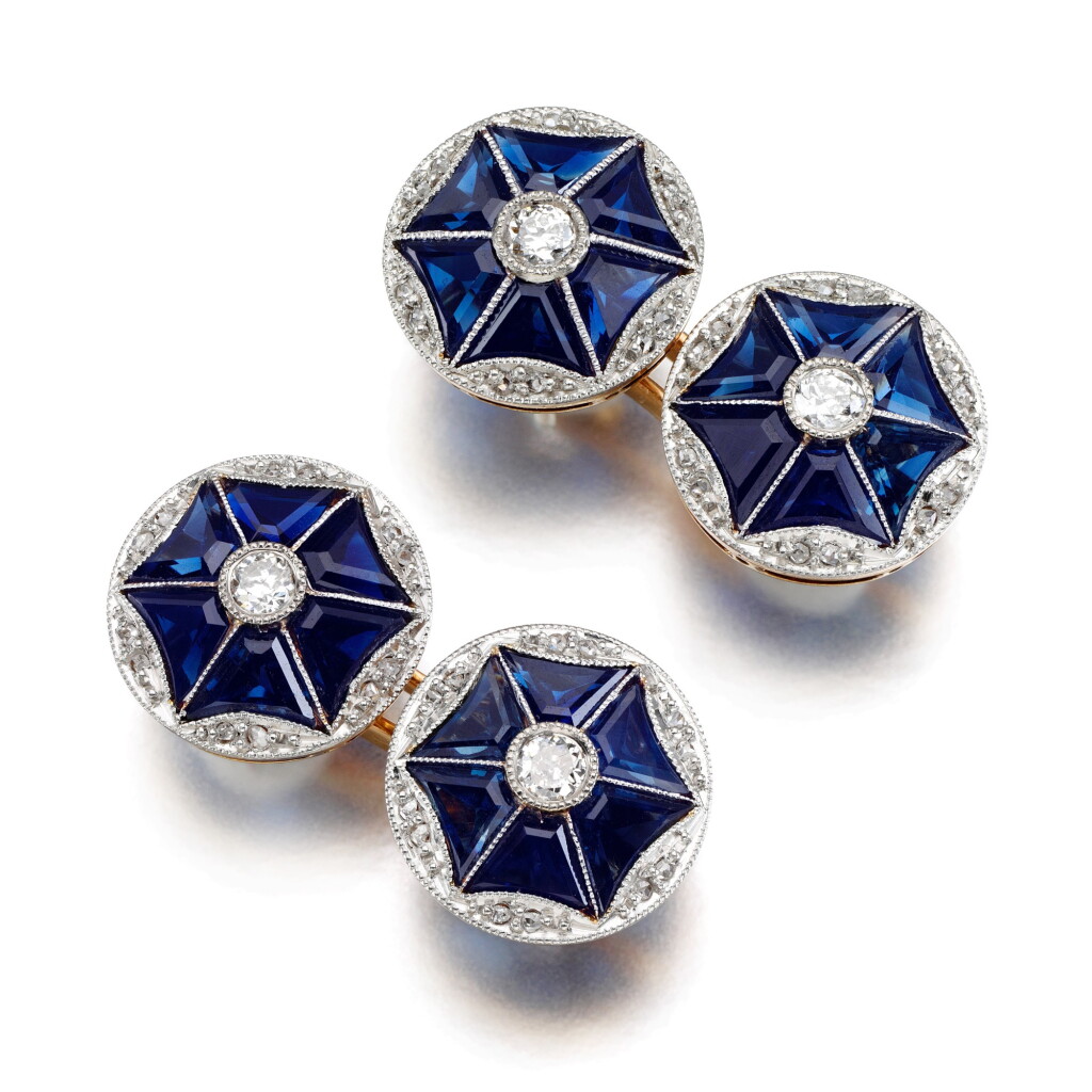 View full screen - View 1 of Lot 374. Pair of sapphire and diamond cufflinks, 1920s.