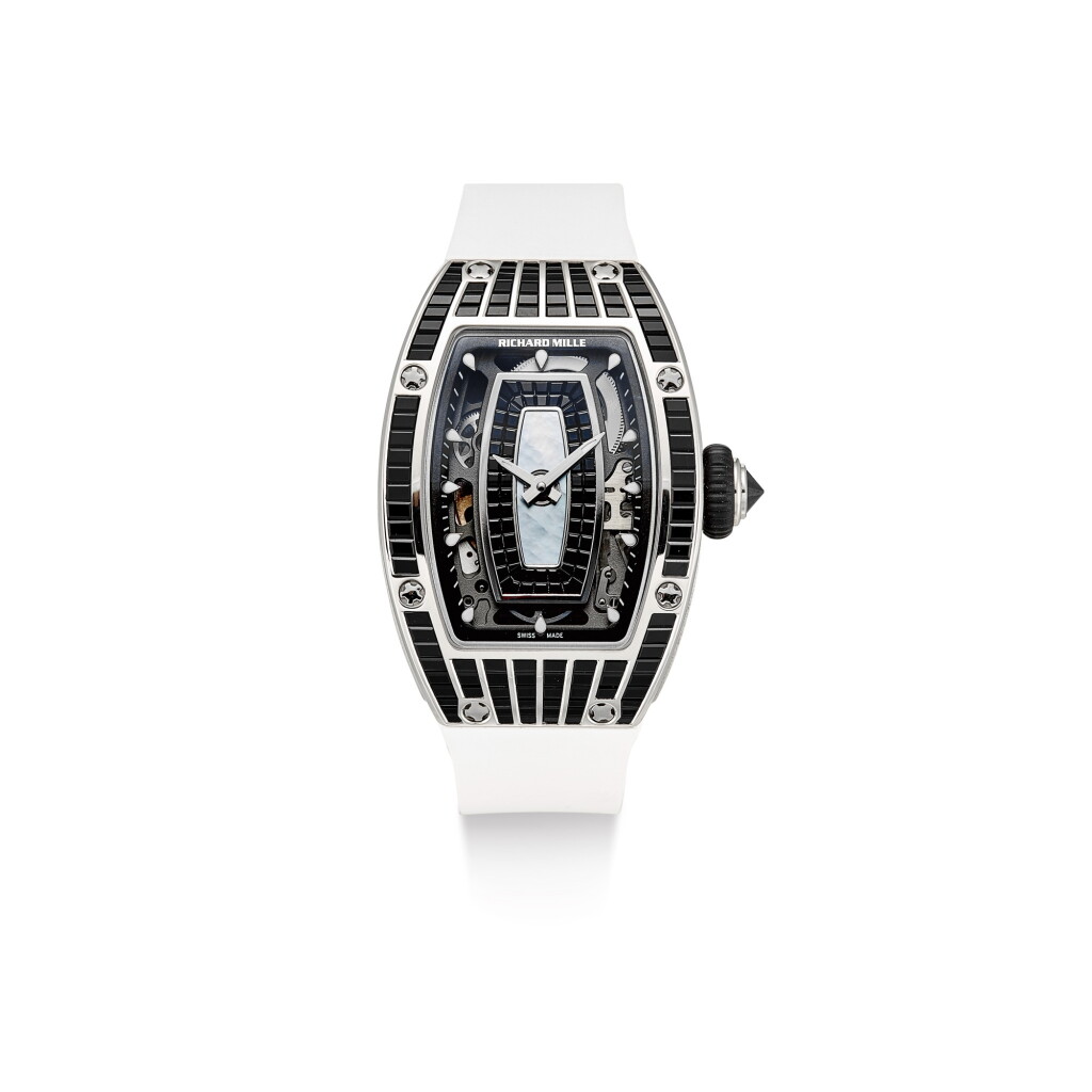 View full screen - View 1 of Lot 351. RICHARD MILLE | RM07, A BRAND NEW WHITE GOLD, DIAMOND AND BLACK BAGUETTE-CUT SAPPHIRE-SET SEMI-SKELETONISED WRISTWATCH WITH MOTHER-OF-PEARL DIAL, CIRCA 2019.