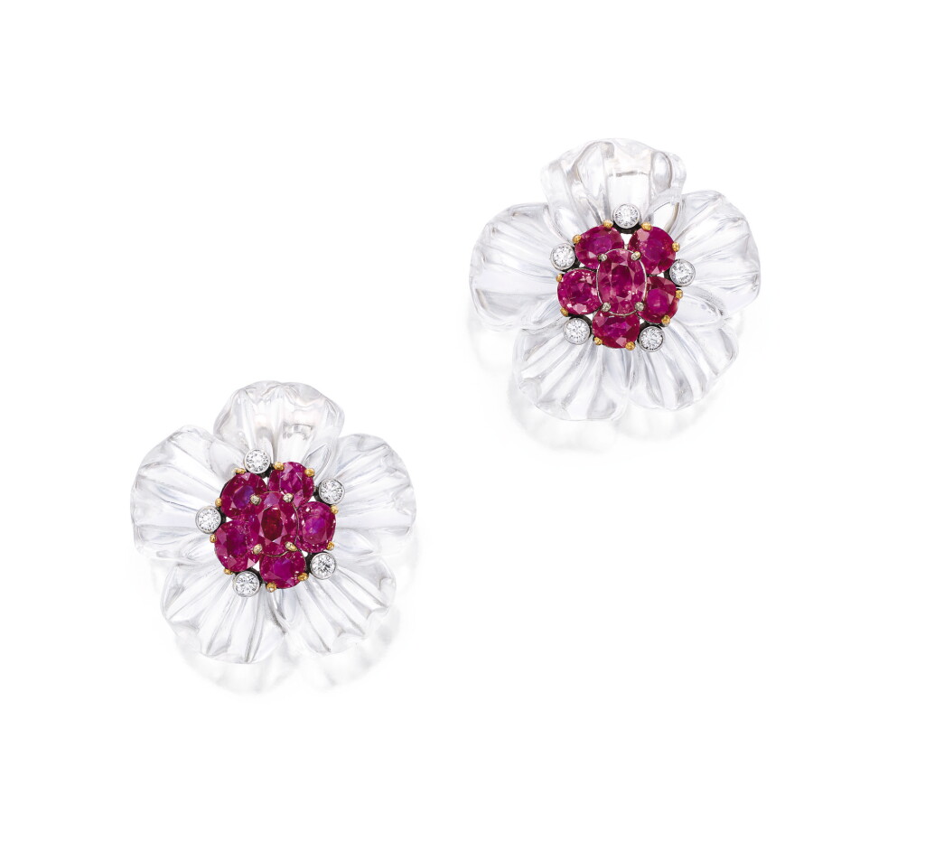 View full screen - View 1 of Lot 1609. Aletto Brothers | Pair of Rock Crystal, Ruby and Diamond Ear Clips | Aletto Brothers | 白水晶 配 紅寶石 及 鑽石 耳環一對.