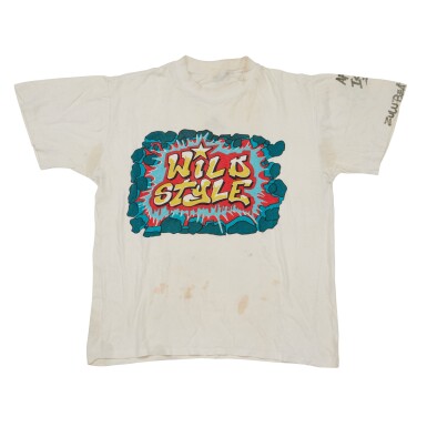 View full screen - View 1 of Lot 15. Afrika Islam's vintage "Wild Style" t-shirt, signed by him .