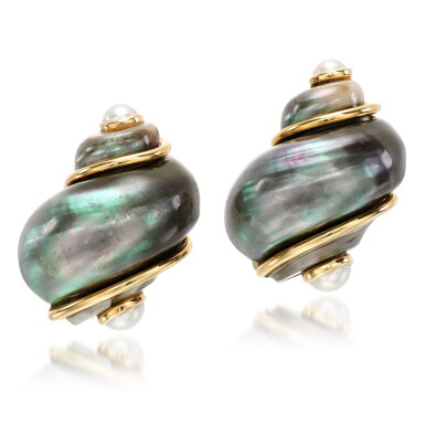 View full screen - View 1 of Lot 96. Pair of Turbo shell and cultured pearl ear clips.