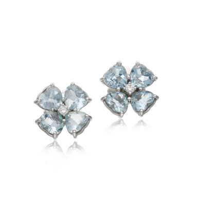 View full screen - View 1 of Lot 135. Pair of aquamarine and diamond earrings.