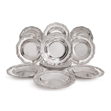 View full screen - View 1 of Lot 240. A SET OF TWELVE GEORGE II SILVER SOUP PLATES, WILLIAM CRIPPS, LONDON, 1759.