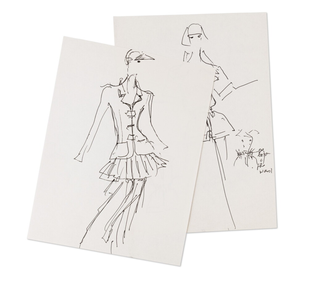 View full screen - View 1 of Lot 16. Two original sketches for fashion | Deux croquis de mode originaux.