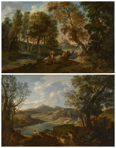 View full screen - View 1 of Lot 161. An Italianate river landscape with shepherds and their flock; Fishermen beside a lake in a wooded landscape.